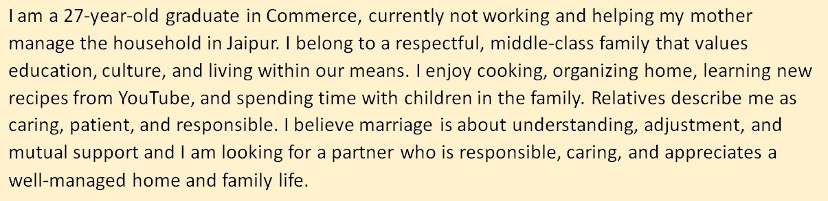 About Me in Marriage Biodata Home Oriented, Not Currently Working