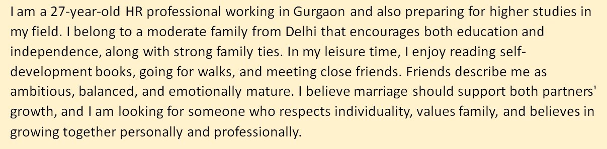 About Me in Marriage Biodata Working, Further Studies, Career Focused