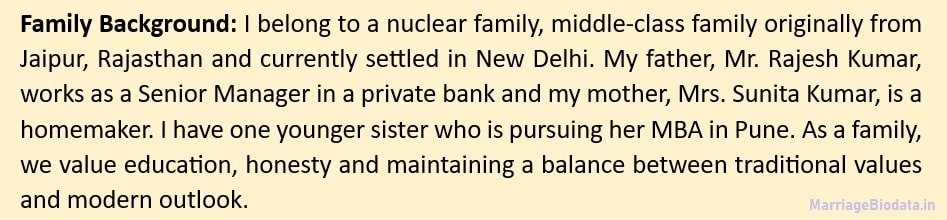 Family Background in Marriage Biodata