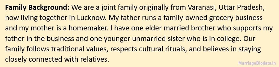 Family Background in Marriage Biodata Joint Family