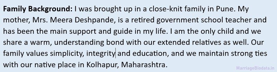 Family Background in Marriage Biodata government school teacher