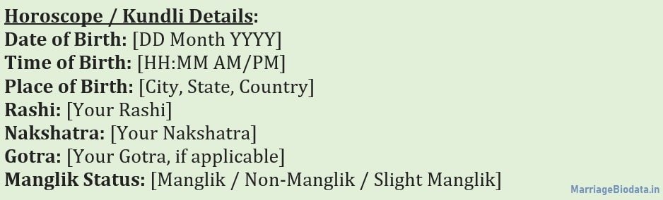Format for Horoscope and kundli in marriage biodata