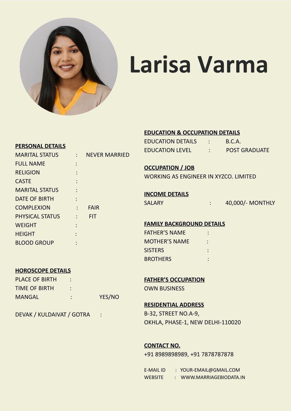 Download Indian Marriage Biodata Word Format