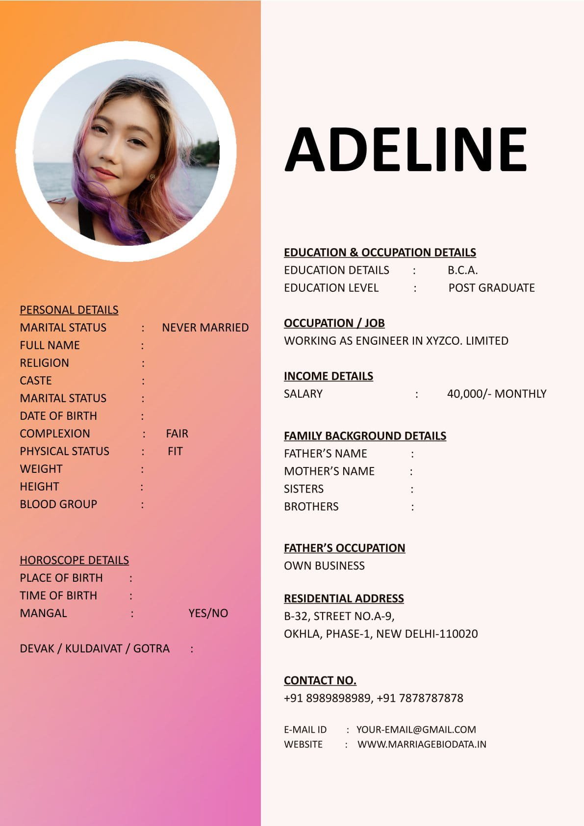 Editable Wedding Biodata Word Template for Free