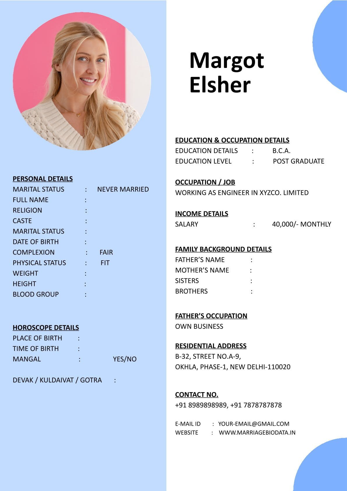 Free Marriage Resume Format for Bride and Groom Word