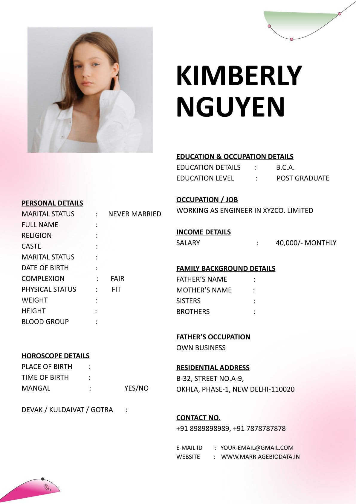 Free Matrimonial Resume Word File Download