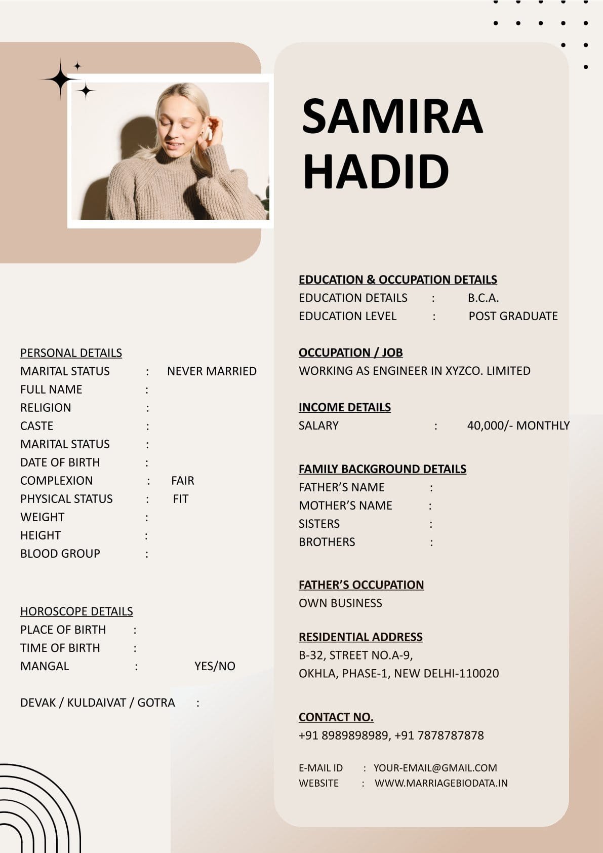 Free Wedding Biodata Format for Bride and Groom