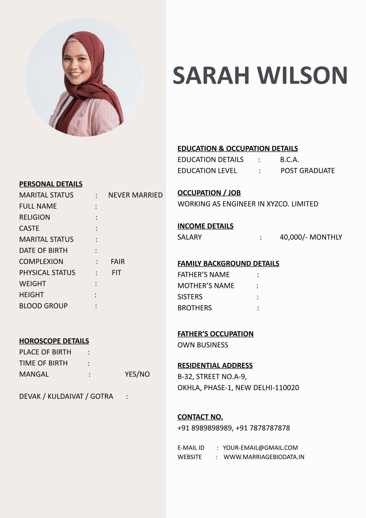 Marriage Biodata Format Word Simple Design