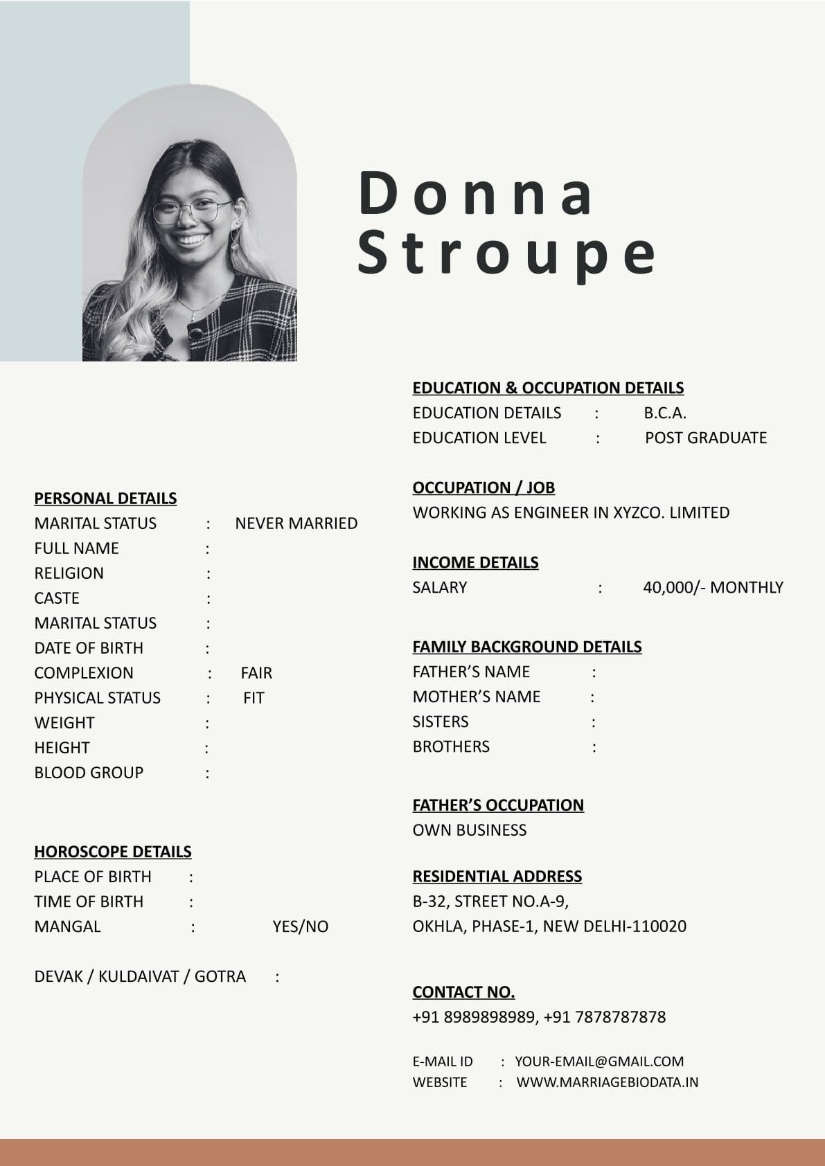 Marriage Biodata Template for Bride Word Format