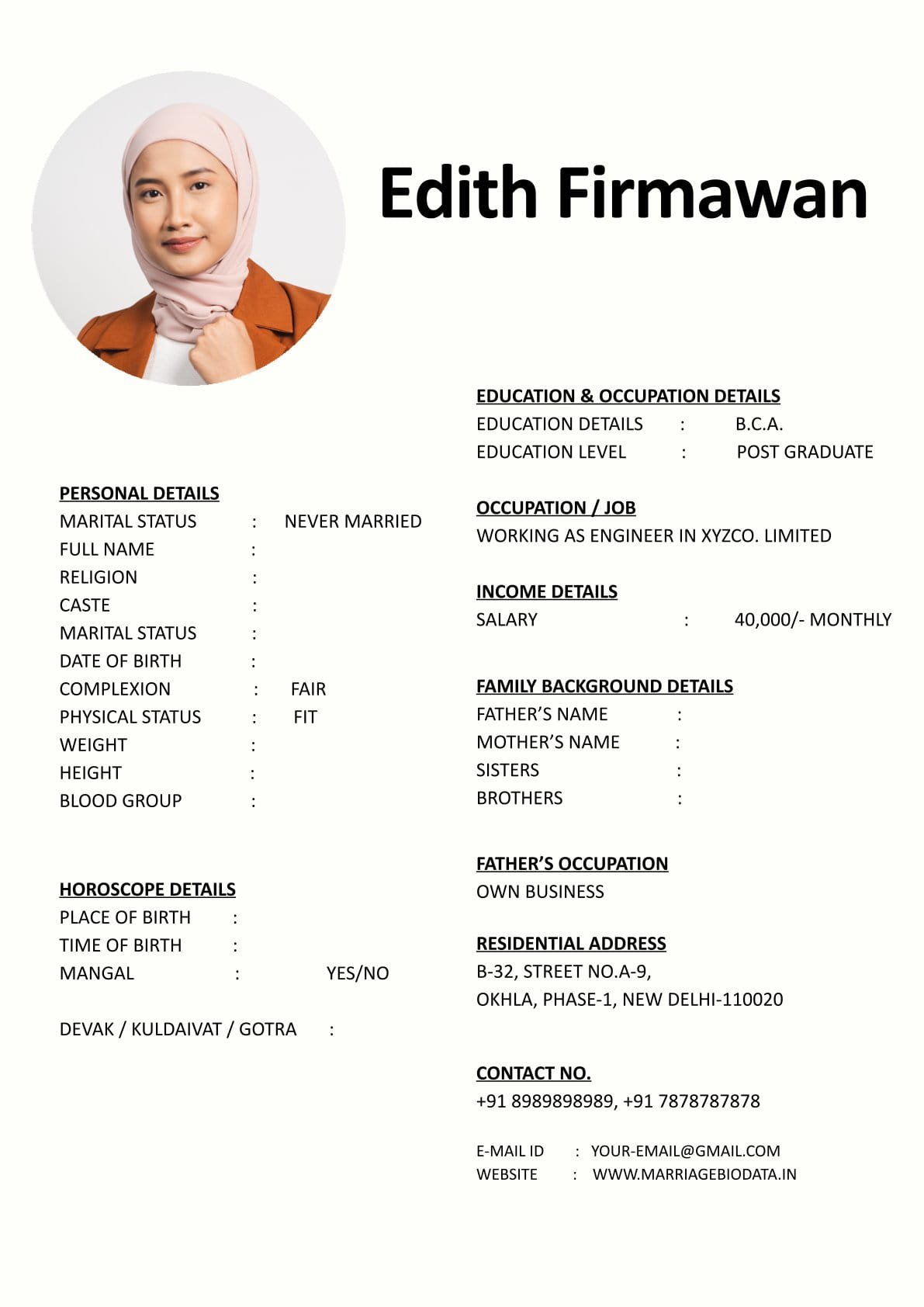 Marriage Biodata Word File for Bride and Groom