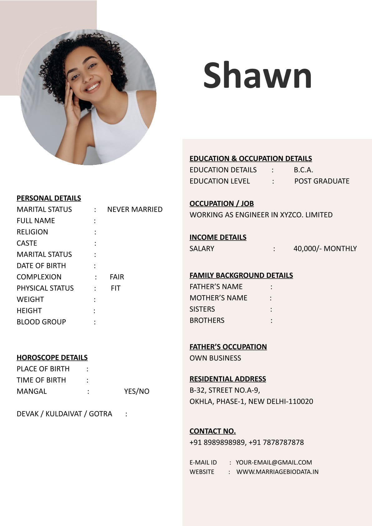 Marriage Biodata Word Format for Indian Bride