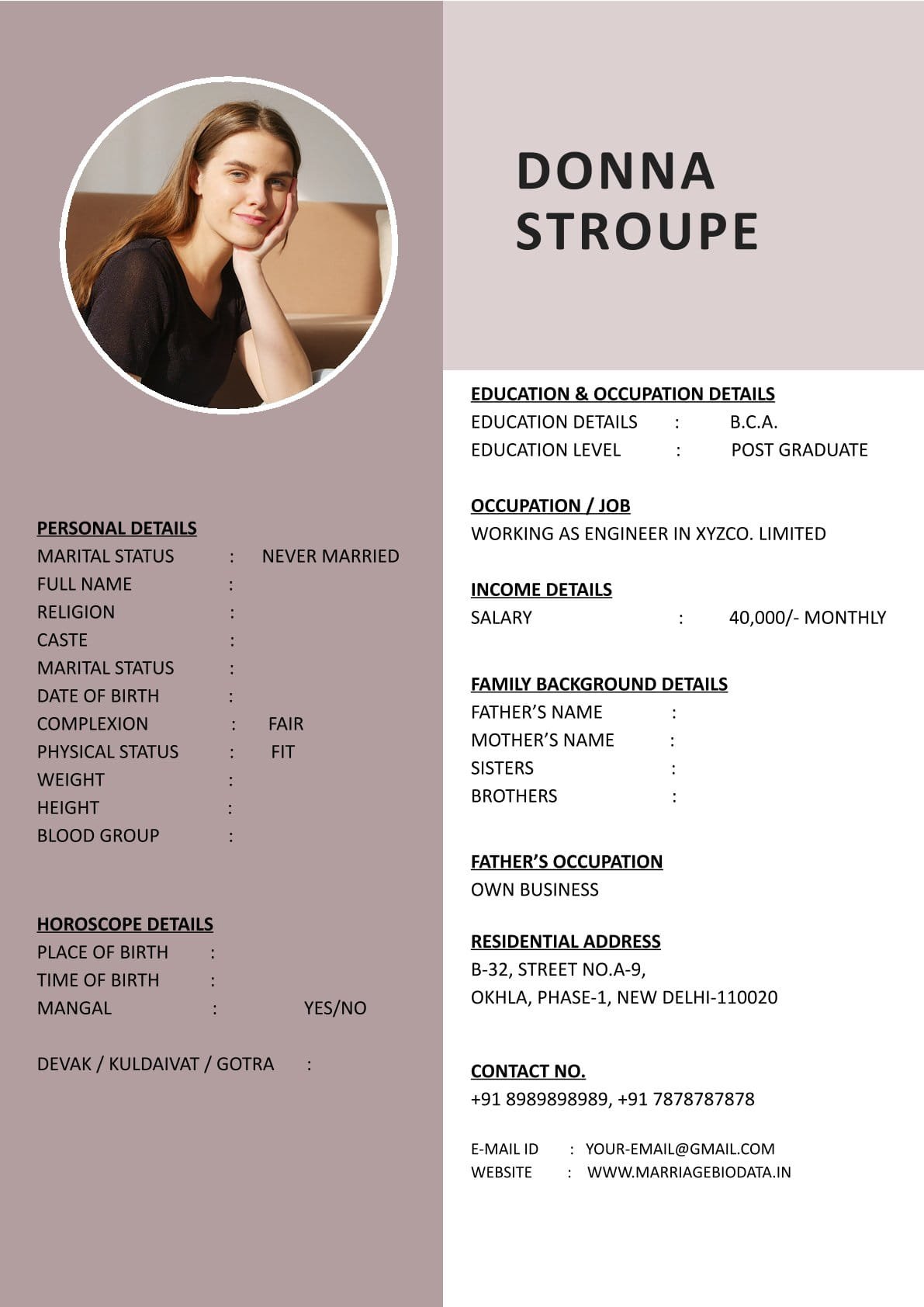 Modern Wedding Biodata Format Word Free