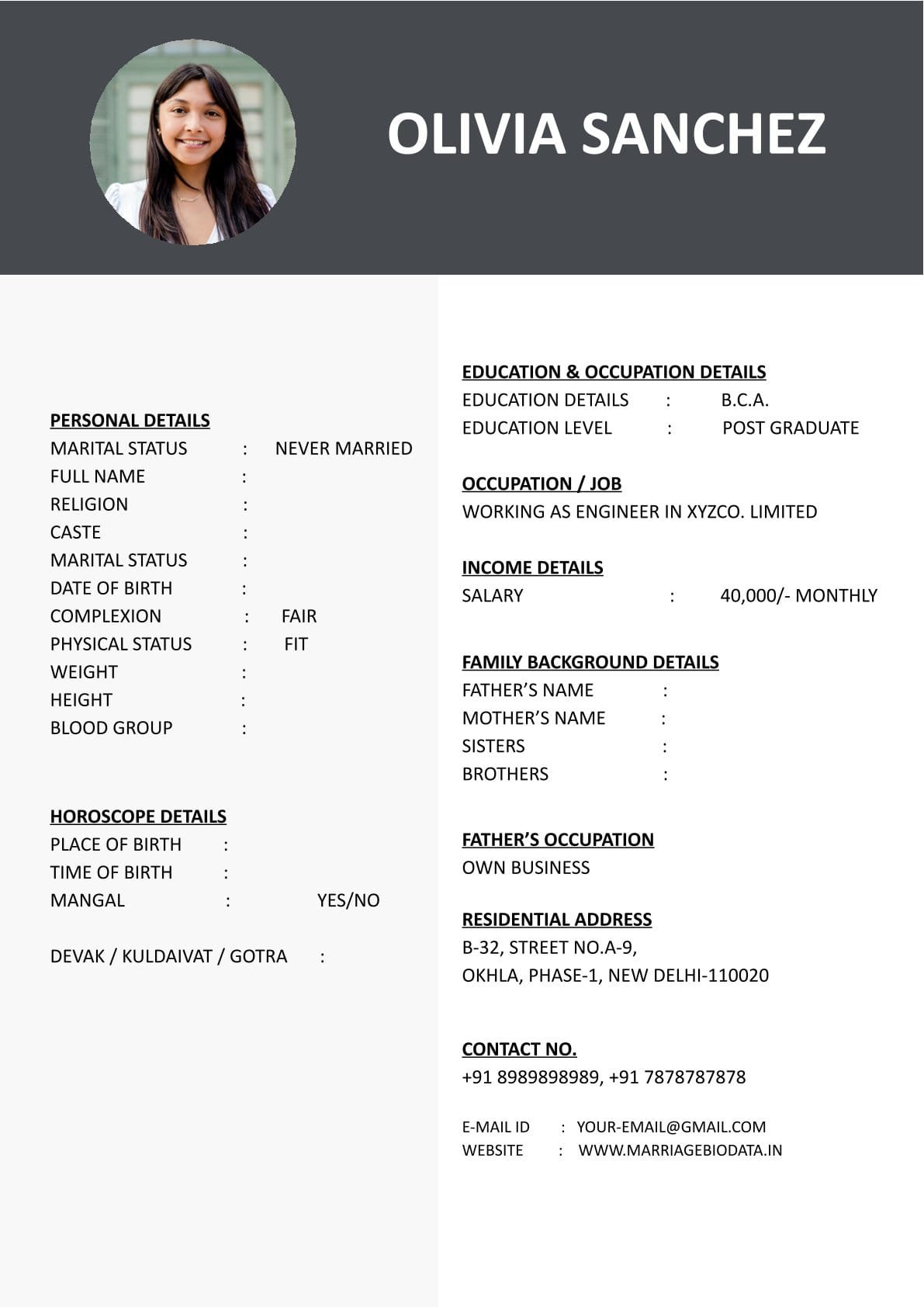 Professional Wedding Biodata Word Download