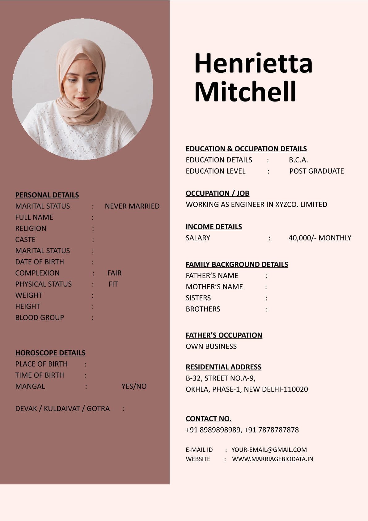 Ready Matrimonial Profile Word Template
