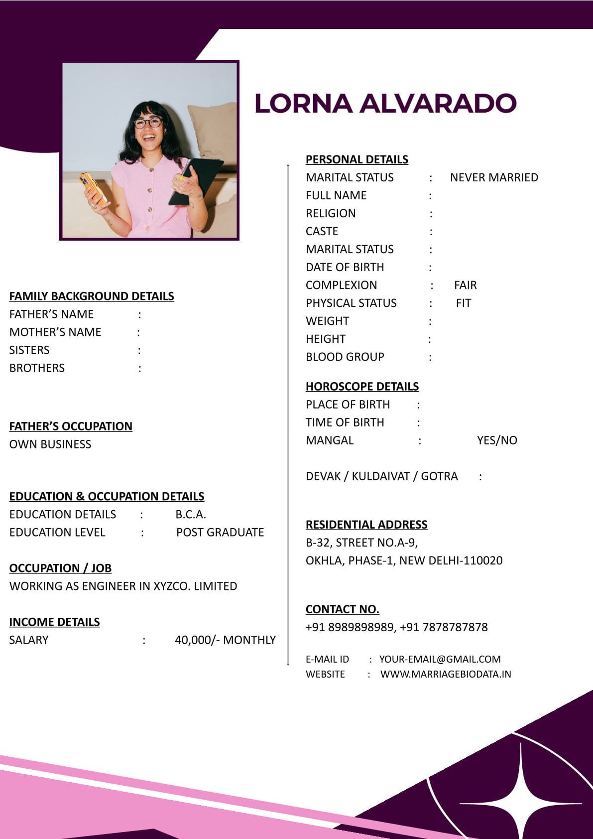 Simple Marriage Biodata Format in Word for Indian Users