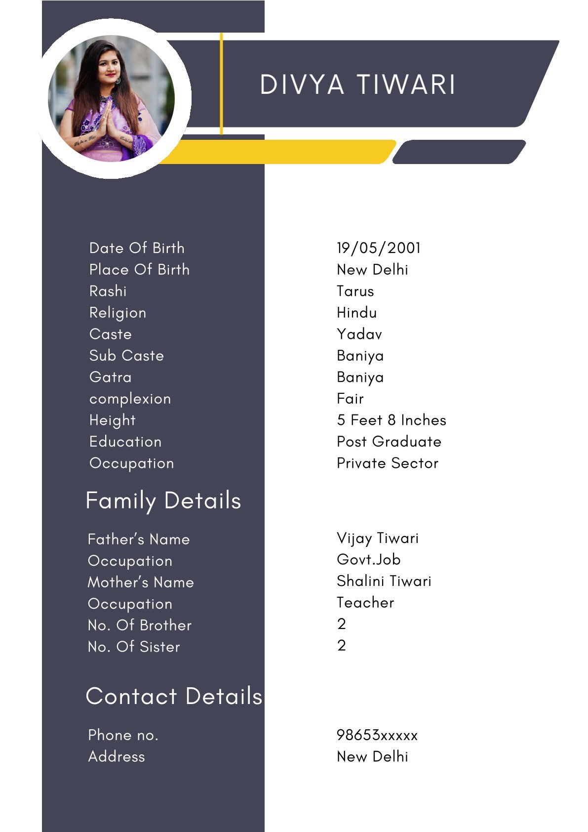 Clean and Simple Hindu Girl Marriage Biodata Template