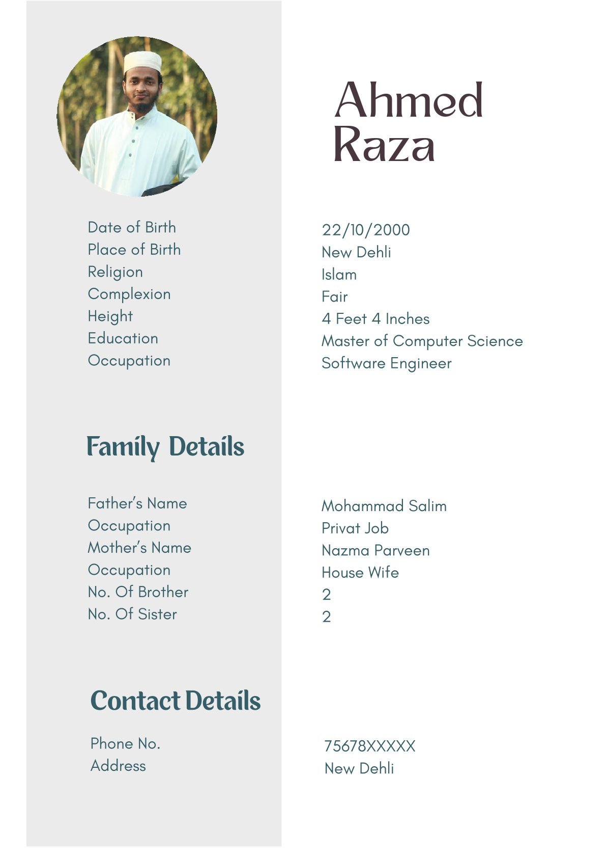 Clean and Simple Muslim Groom Biodata Format