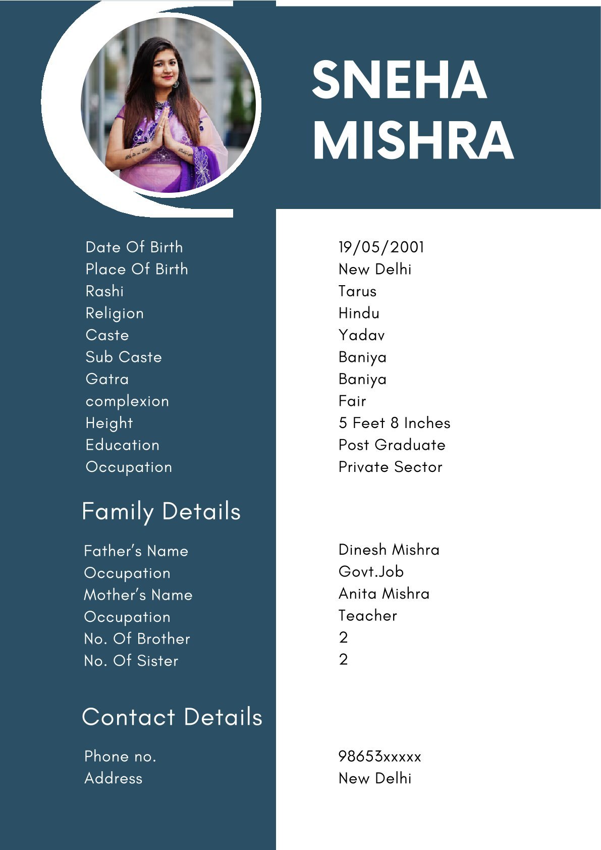 Editable Hindu Girl Biodata Template