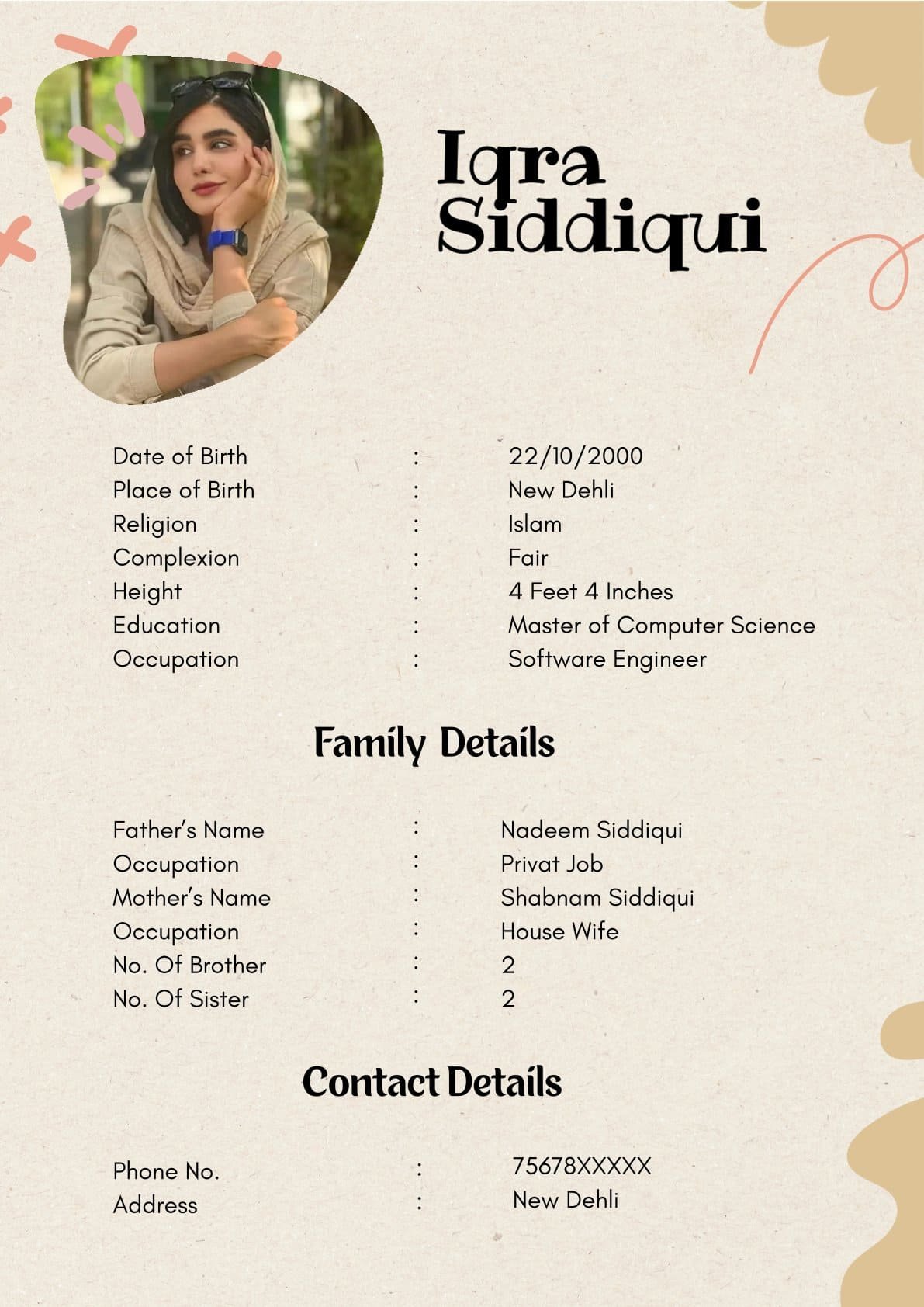 Editable Muslim Girl Biodata Template