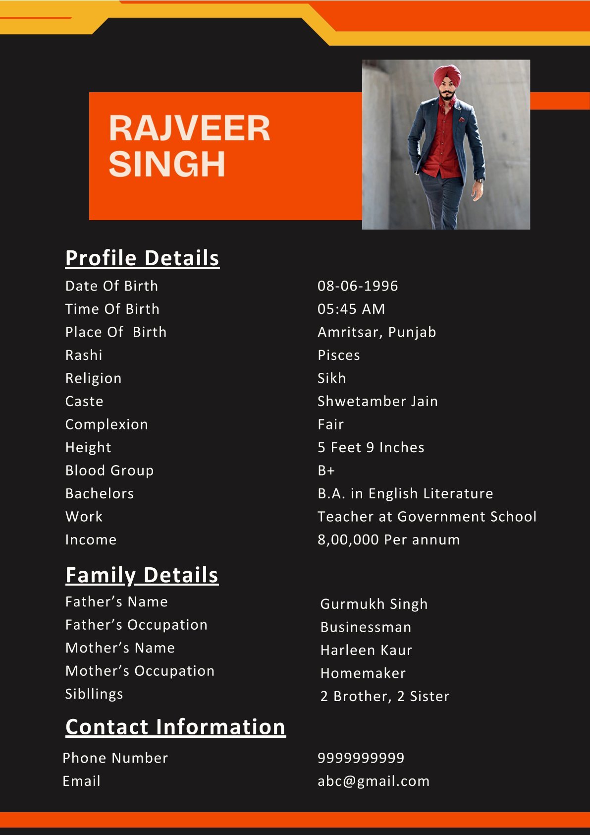 Editable Sikh Boy Biodata Template