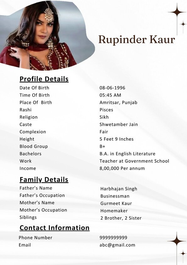 Editable Sikh Girl Biodata Template