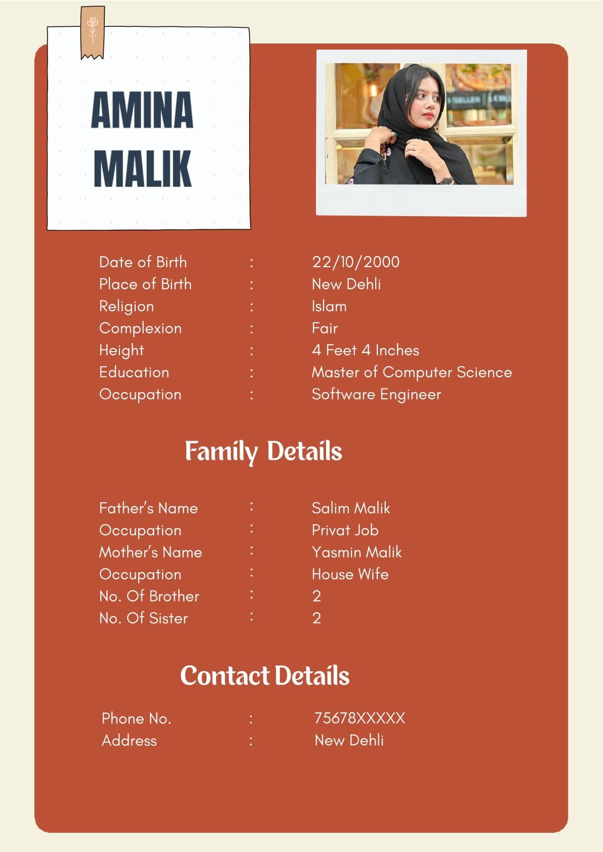 Elegant Muslim Bride Biodata Template