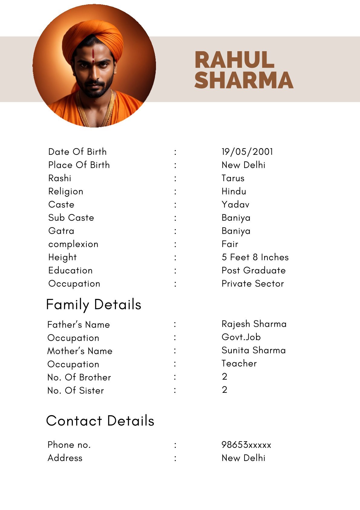 Hindu Boy Marriage Biodata Format