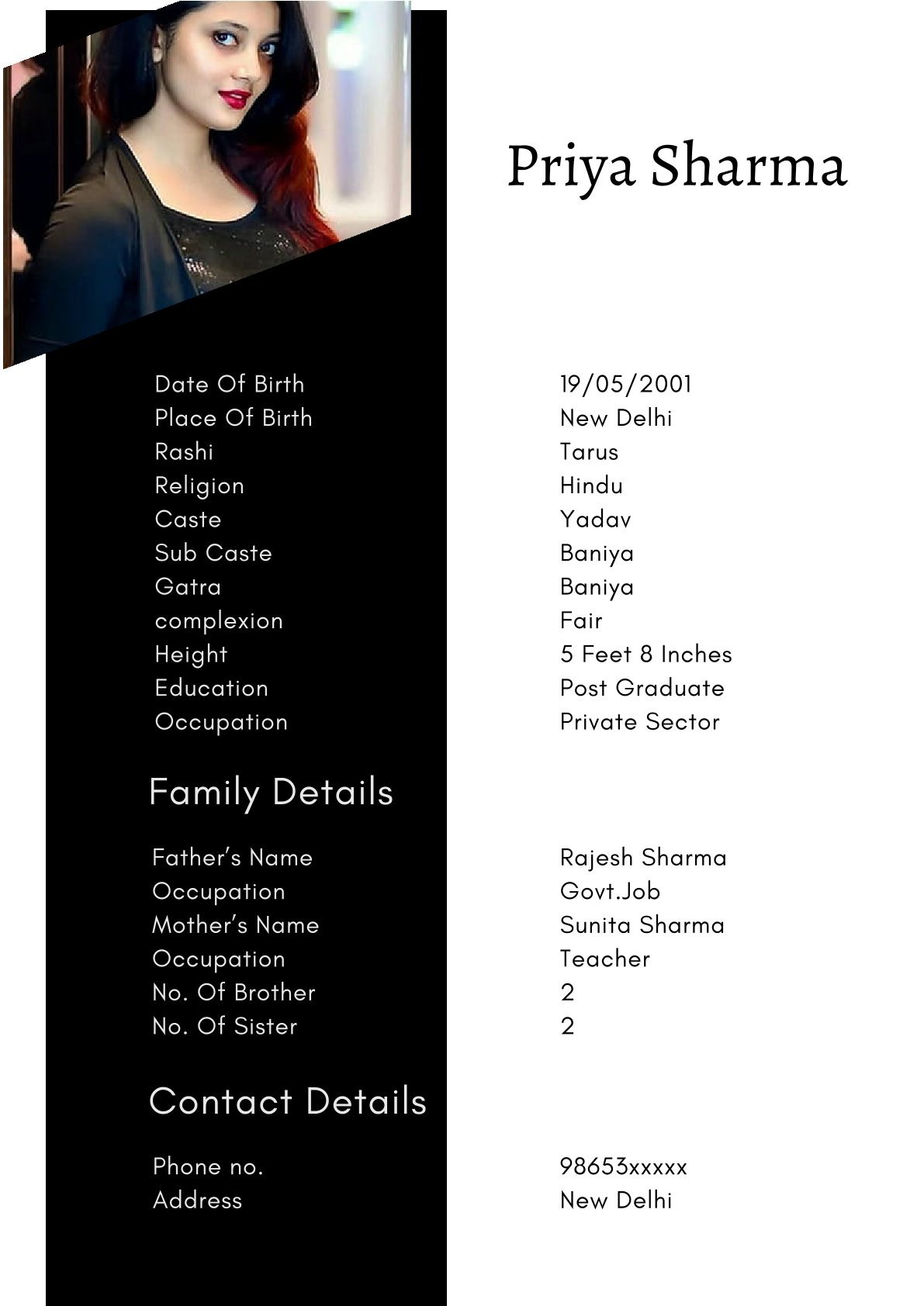 Hindu Girl Marriage Biodata Format