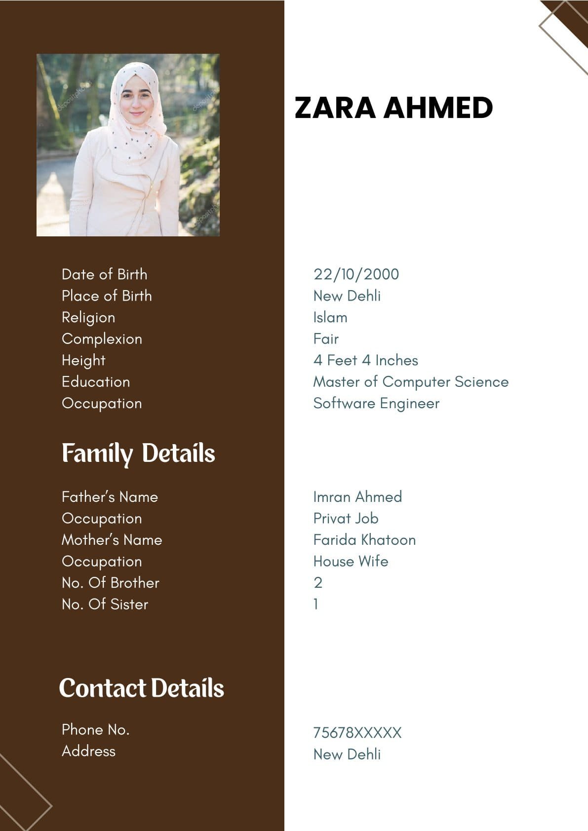 Islamic Marriage Biodata Format for Girl