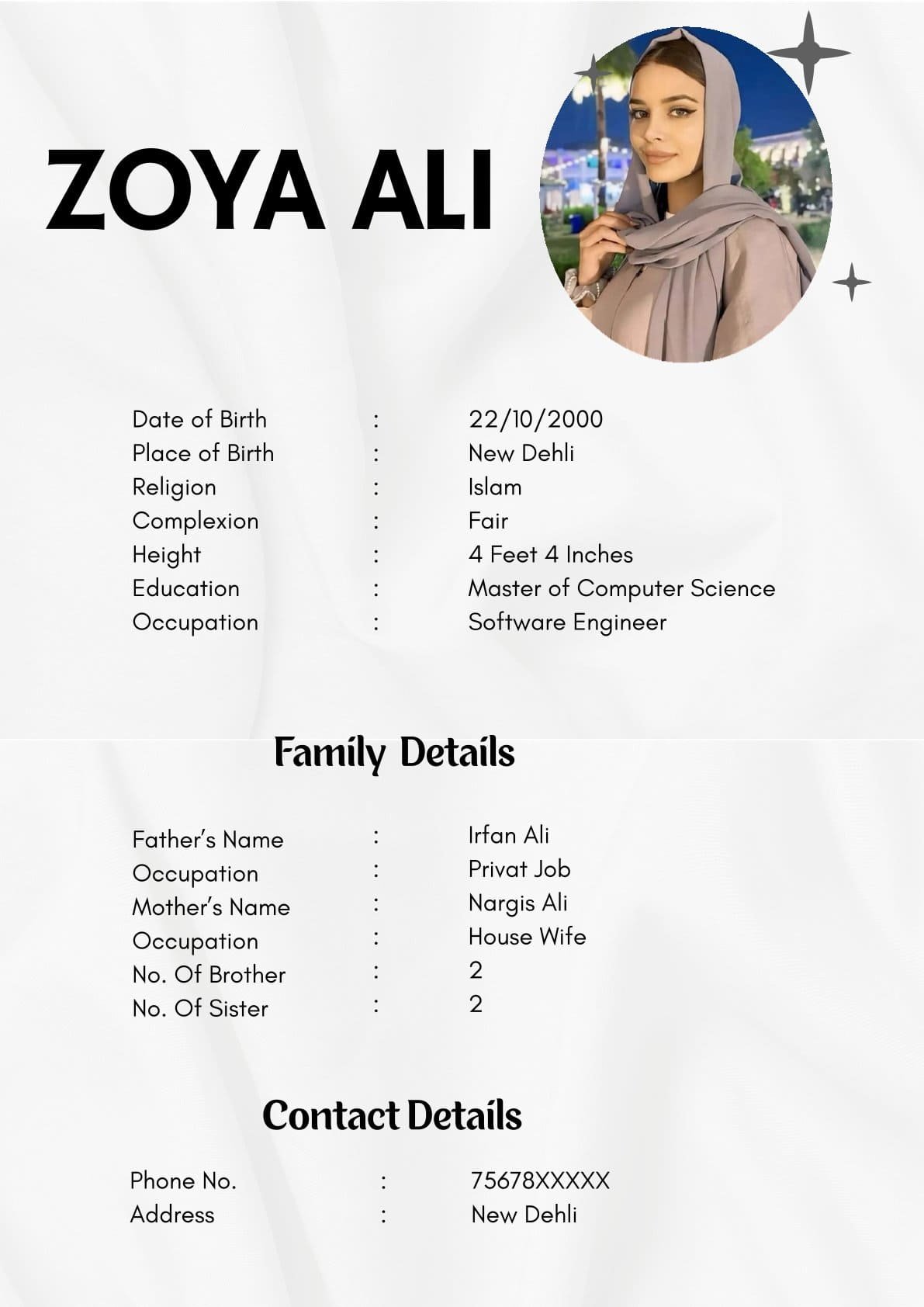 Latest Muslim Girl Marriage Biodata Template