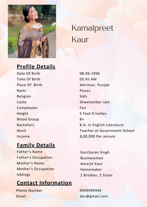Latest Sikh Bride Marriage Biodata Format