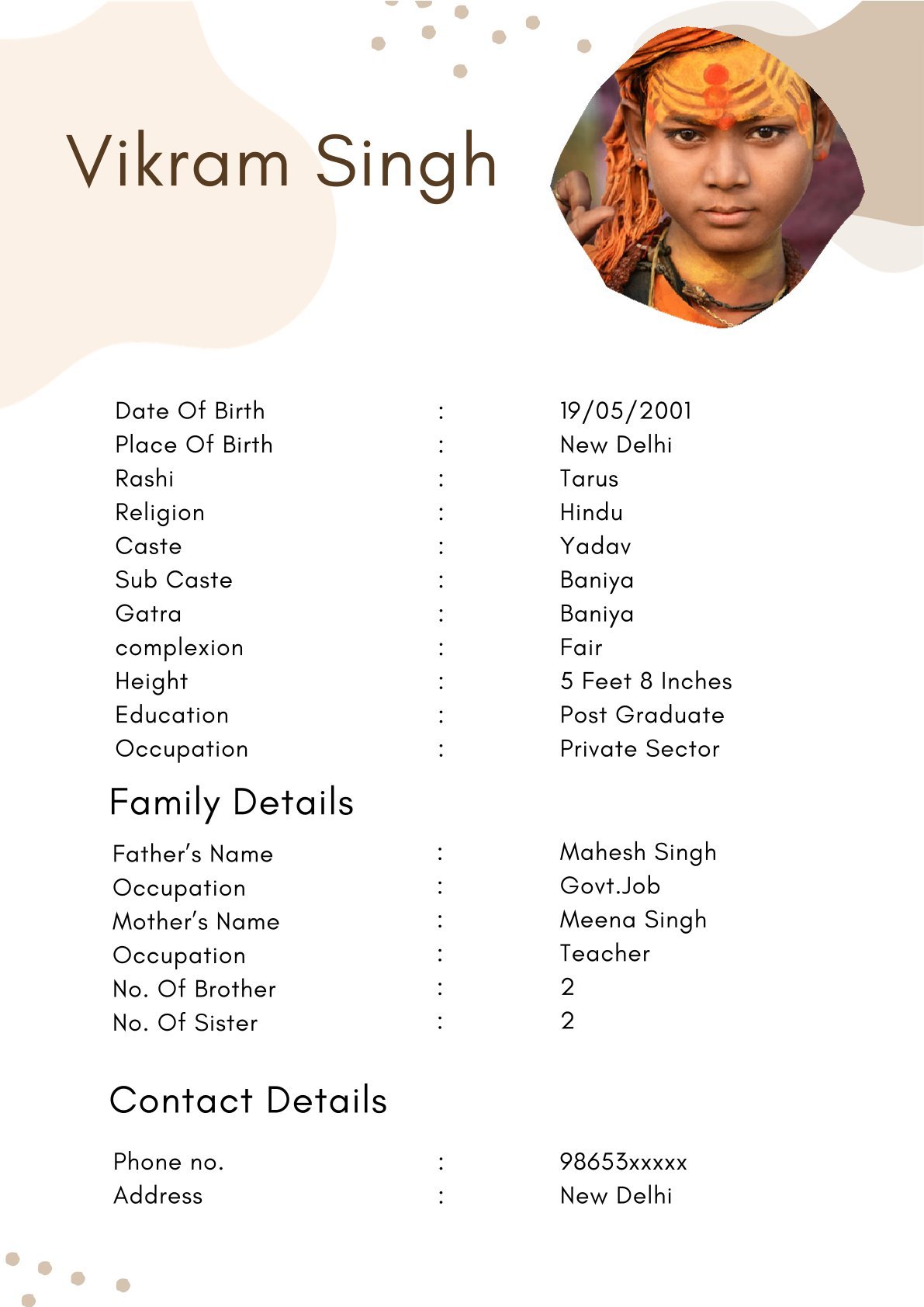 Modern Hindu Boy Marriage Biodata Template