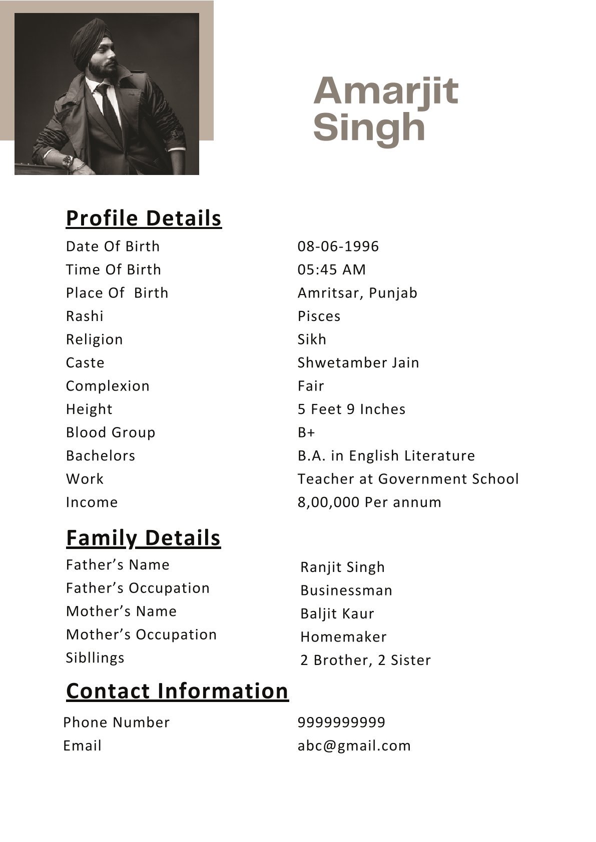 Modern Sikh Boy Marriage Biodata Template