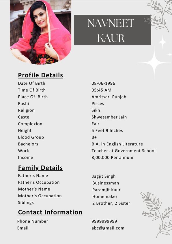 Modern Sikh Girl Marriage Biodata Template