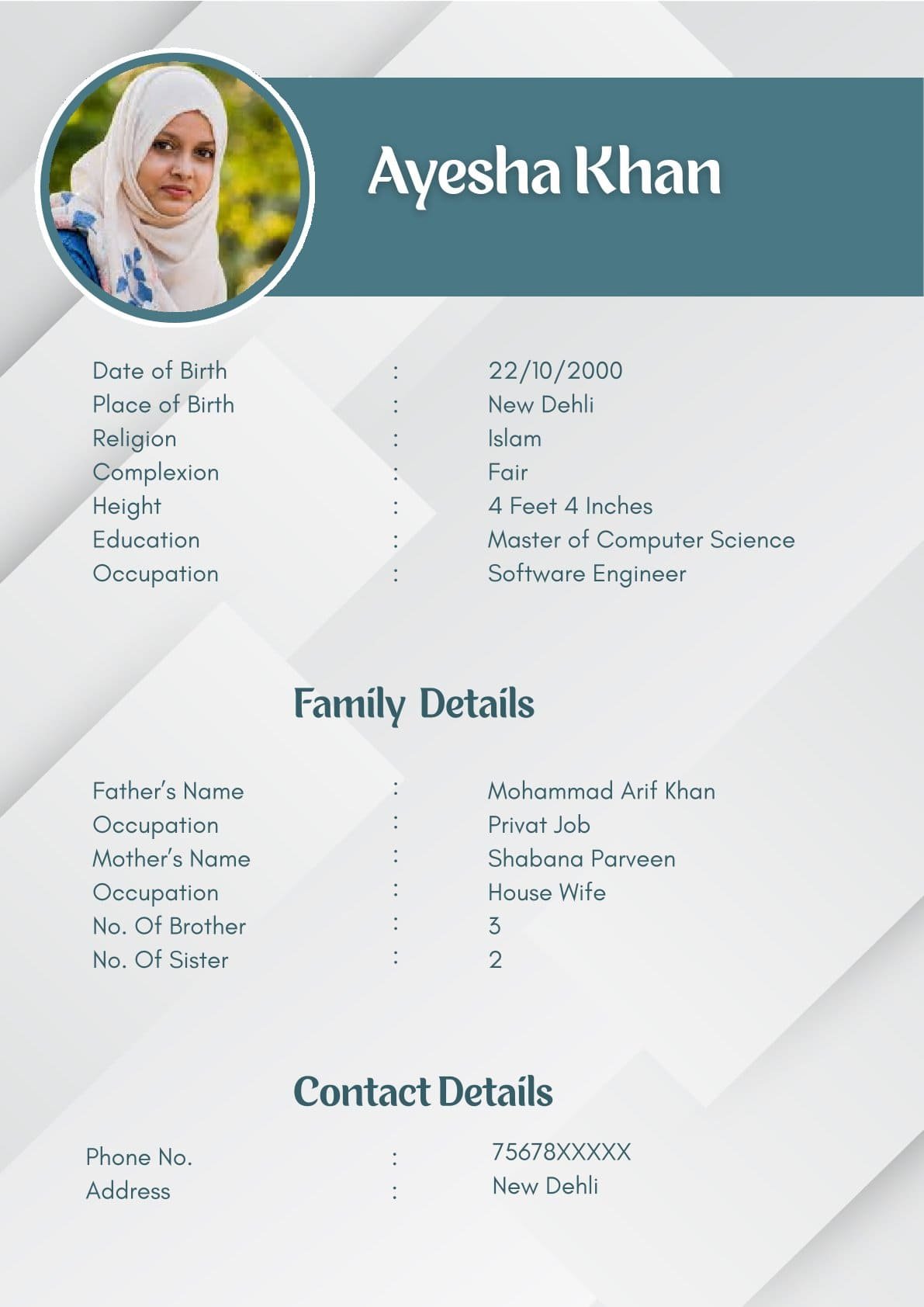 Muslim Girl Marriage Biodata Format