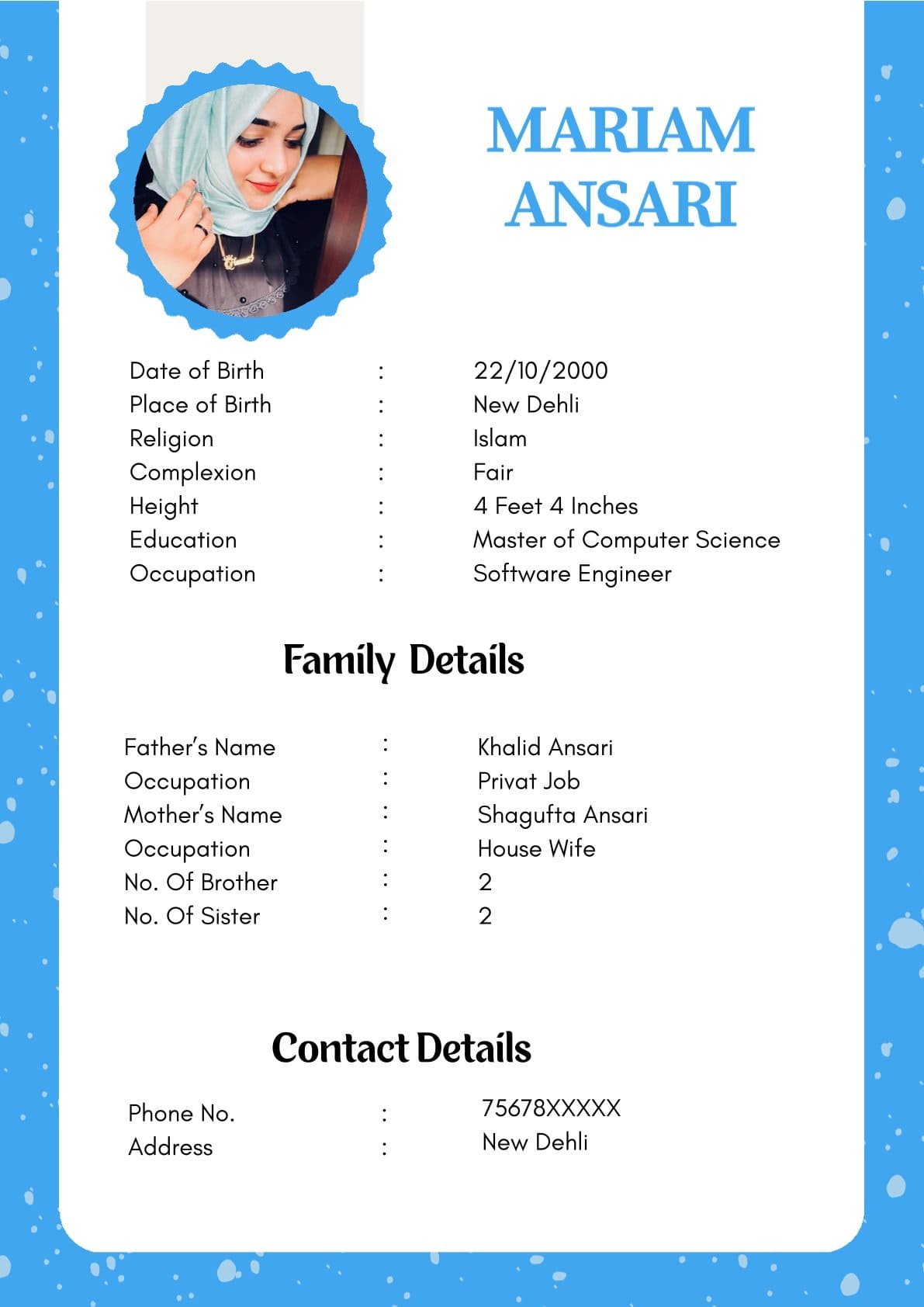 Professional Muslim Girl Marriage Biodata