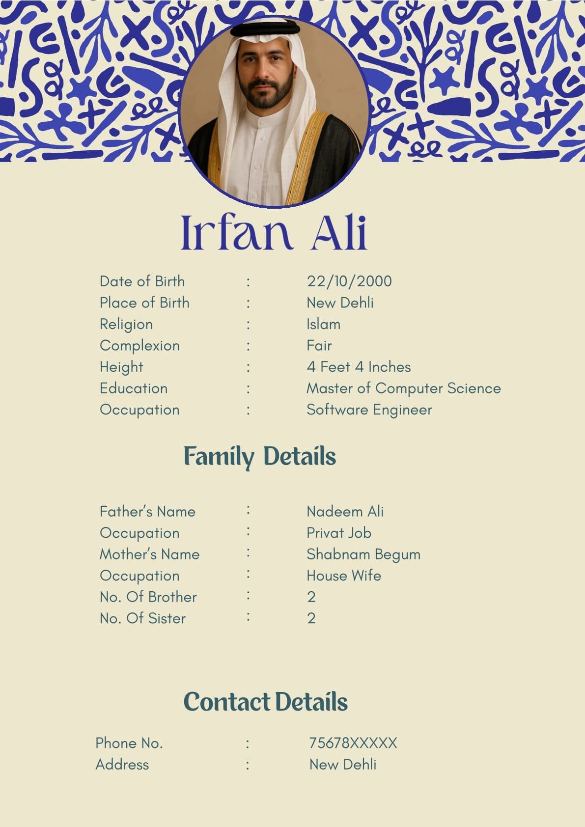 Professional Muslim Groom Biodata Template
