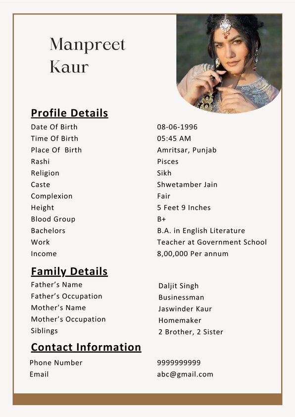Professional Sikh Bride Biodata Format