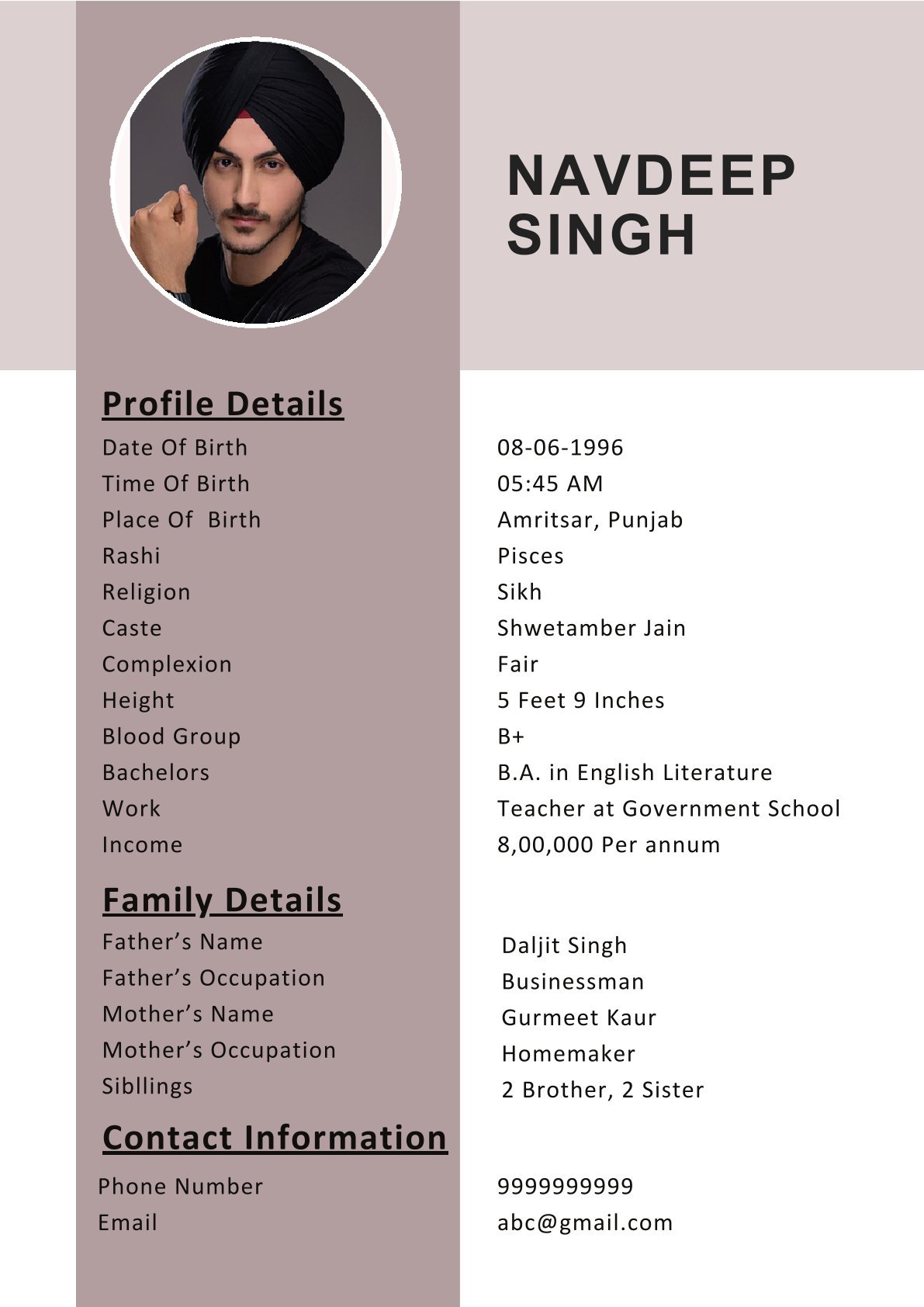 Professional Sikh Groom Biodata Format