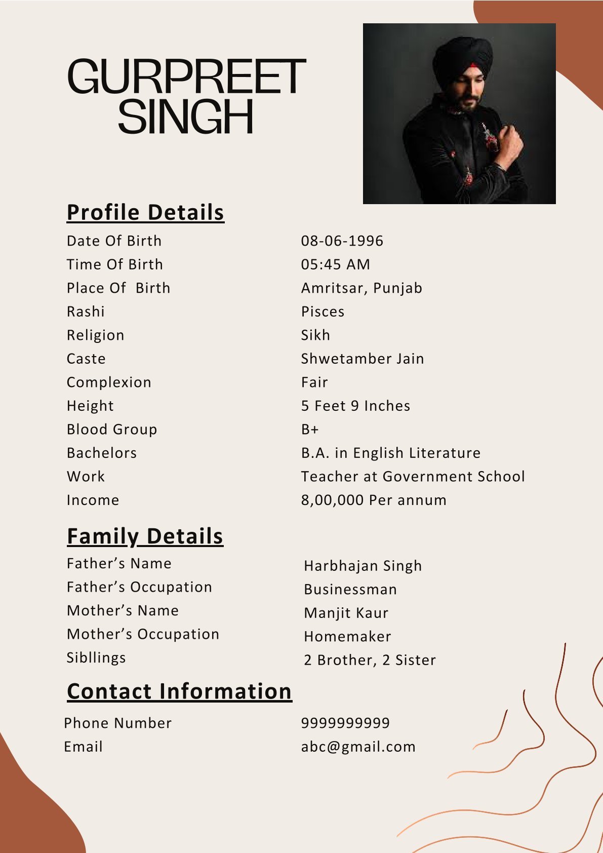 Sikh Boy Marriage Biodata Format