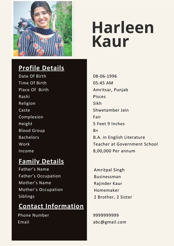 Sikh Bride Marriage Biodata Format