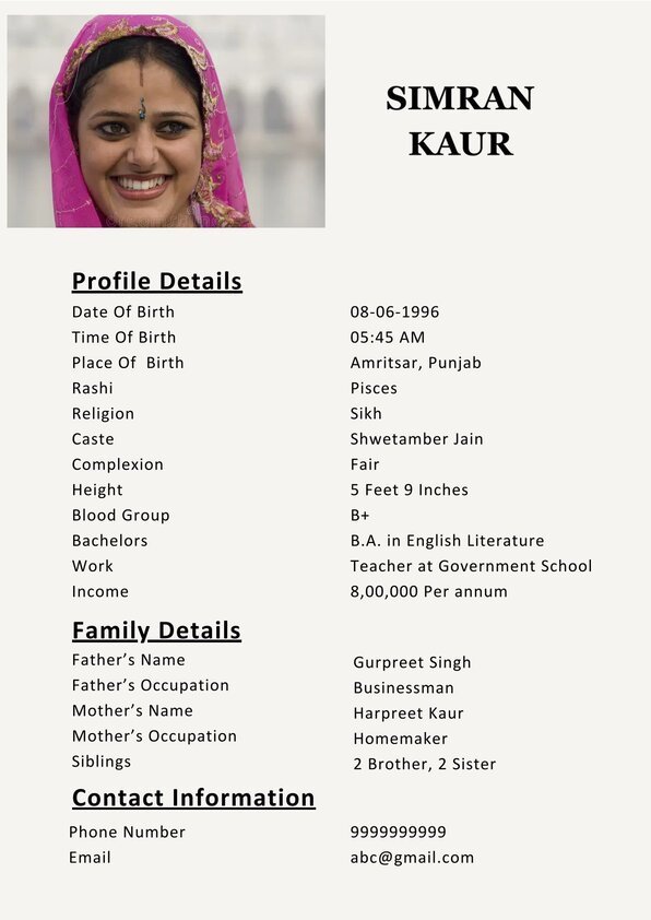 Sikh Girl Marriage Biodata Format