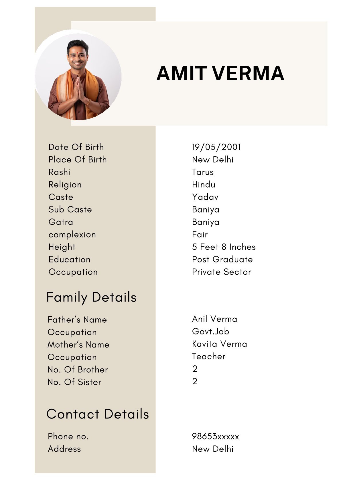 Simple Hindu Boy Biodata Template