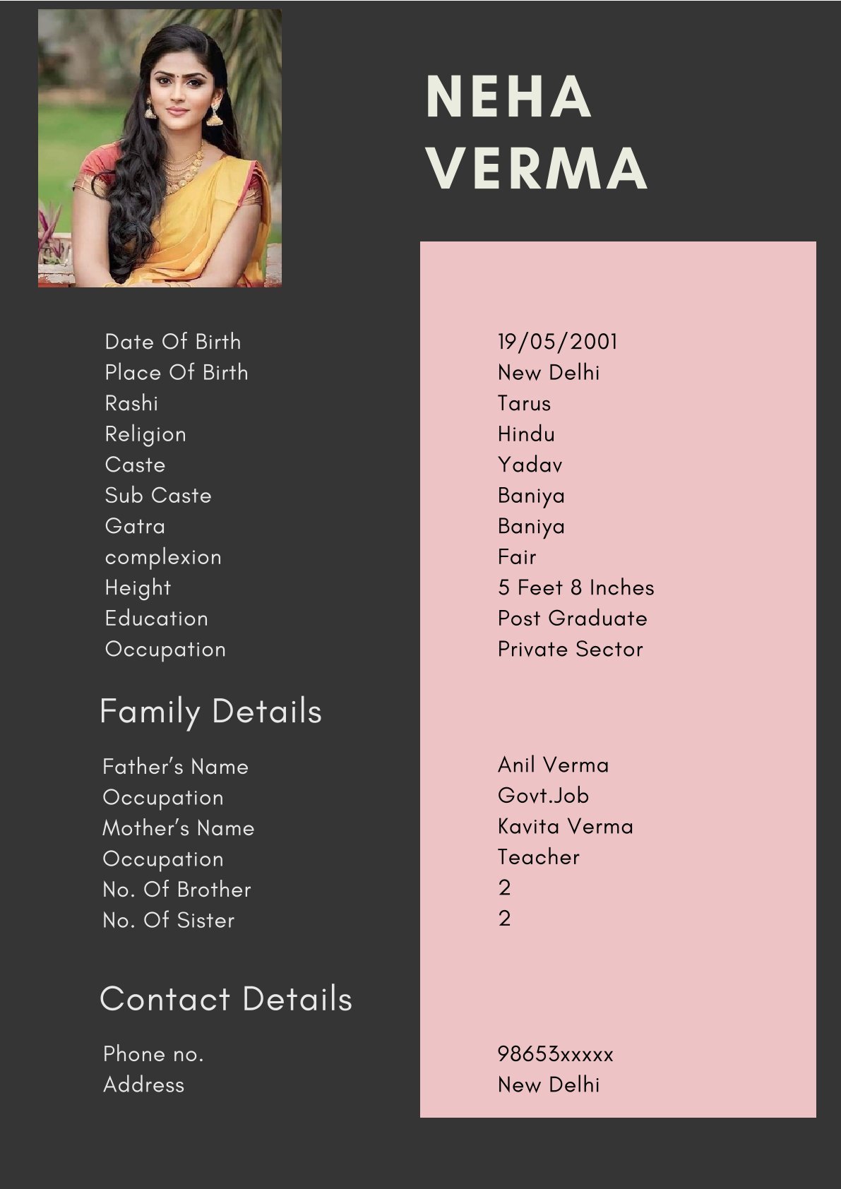 Simple Hindu Girl Biodata Template