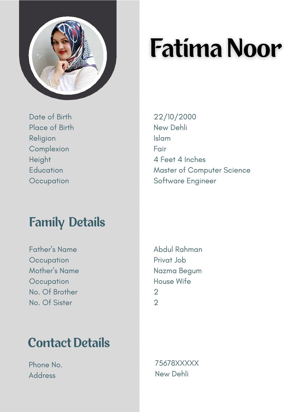 Simple Muslim Girl Biodata Template
