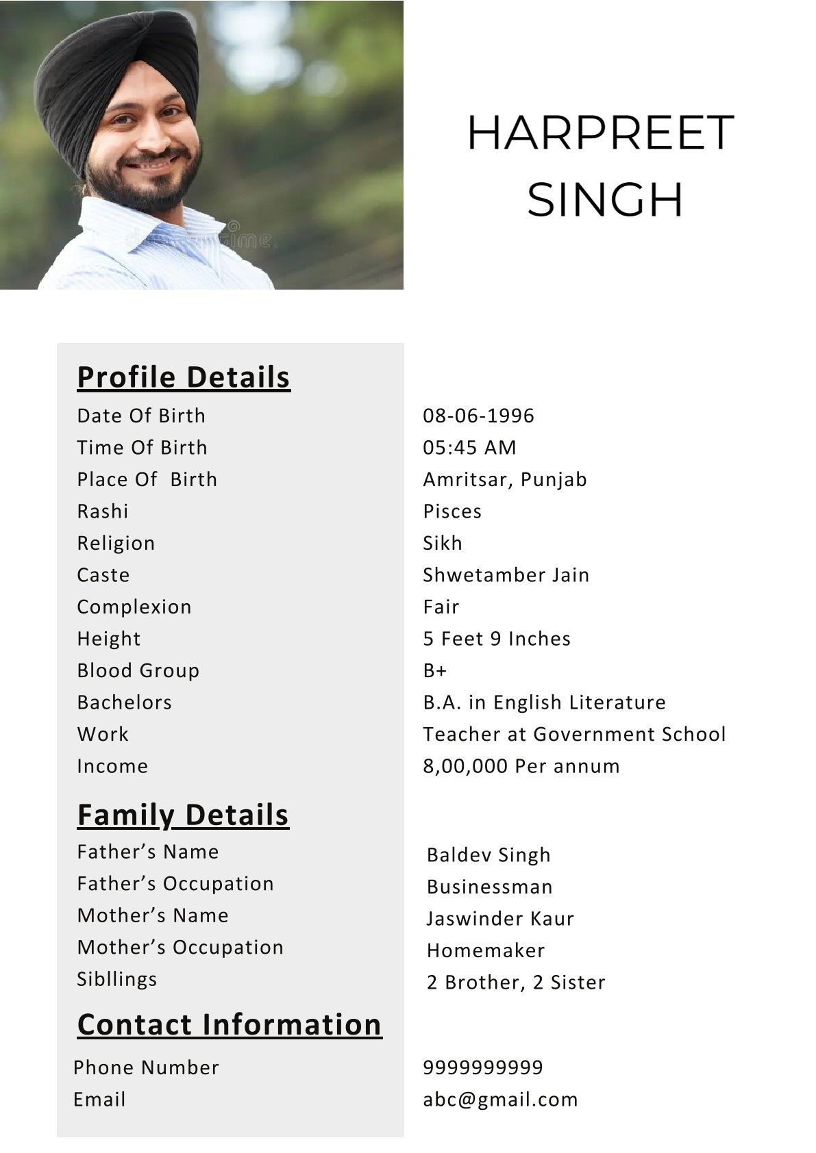 Simple Sikh Boy Biodata Template