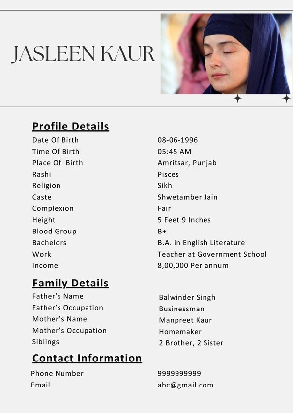Simple Sikh Girl Biodata Template