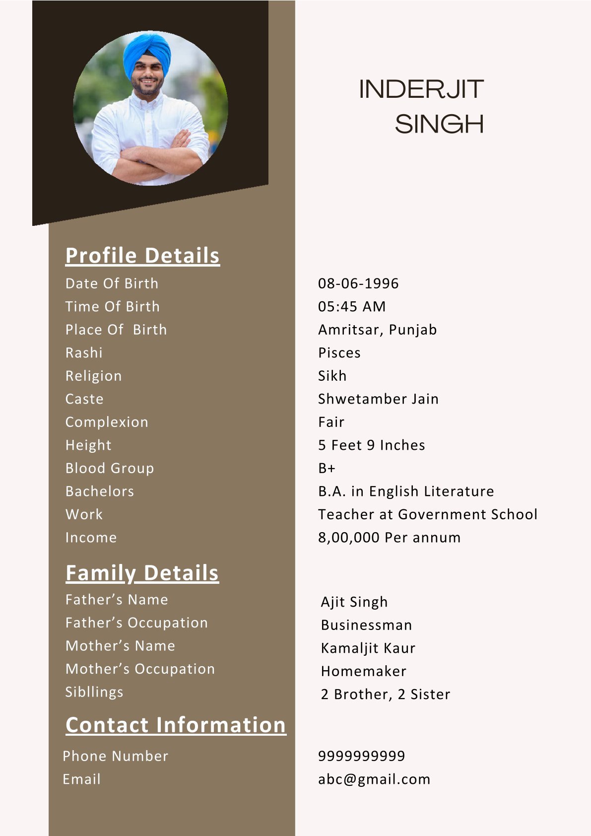 Standard Sikh Boy Biodata Template