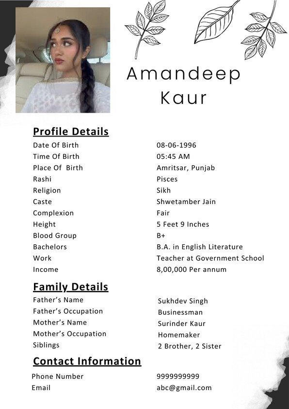Standard Sikh Girl Biodata Template