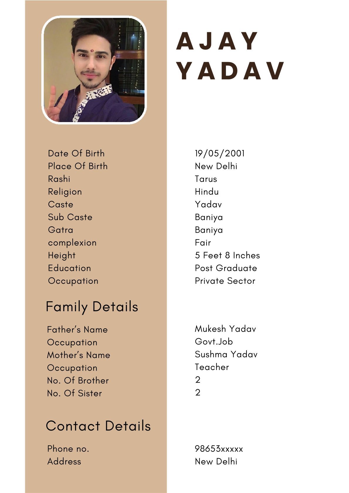 Stylish Hindu Boy Biodata Template for Marriage